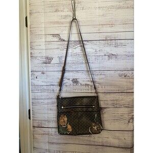 Preowned Fossil Fiona floral black and brown Crossbody with key charm